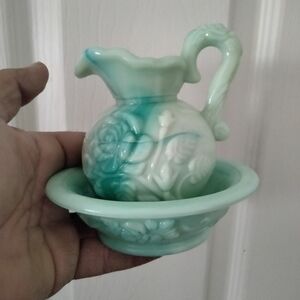 Green and White Decorative Pitcher and Bowl Set
